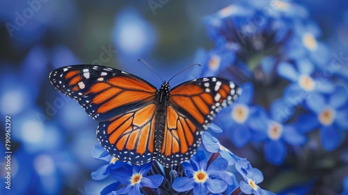 A striking close-up of a Monarch butterfly, its orange wings vibrant against the deep blue Lobelia flowers, perfectly illustrating the natural allure and importance of pollinators © JP STUDIO LAB