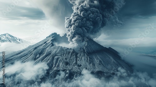 A plume of ash and smoke billowing from the summit of a volcanic mountain, depicting the ominous beauty of an active eruption.