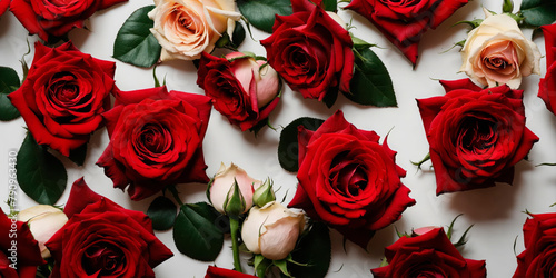 Red and cream roses scattered on a white background, fit for romance, eco themes, and gifting. Ideal for florists, weddings, Valentine’s Day, and green initiatives. photo