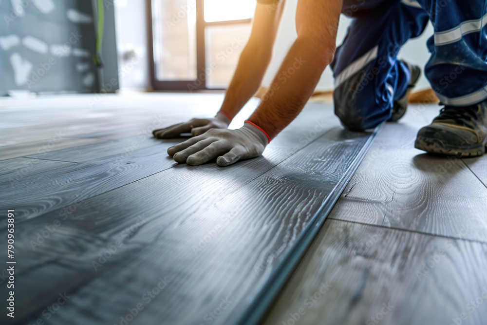 Worker installing new laminate floor Worker installing new laminate floor