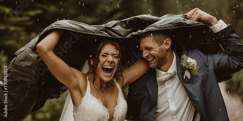 Fröhliches Brautpaar wird vom Regen überrascht und versucht, sich vor diesem zu schützen.