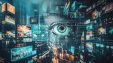 An image of an eye surrounded by digital screens, data and an urban landscape, a visual representation of how artificial intelligence can be used in marketing for web design or advertising campaigns