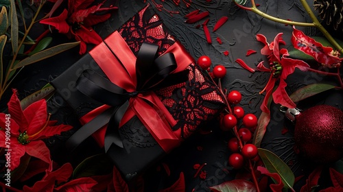 Gift box with red bouquet and red ribbon on dark background,赤い花束と暗い背景に赤いリボンのギフト ボックス,Generative AI