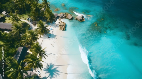 Panoramic view of beautiful tropical beach with turquoise water and palm trees.