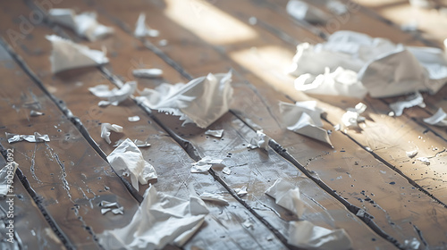 Crumpled and torn white napkin, on floor, concept of allergy , background with places to copy. 