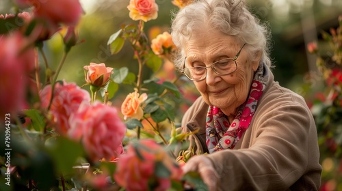 Um senhora a apanhar rosas no jardim  photo