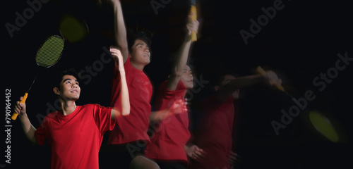 Badminton player with a racket and jump smash action. Male athlete wearing a red shirt, competitive sport activity concepts. Double exposure of the athlete in different motion and actions.