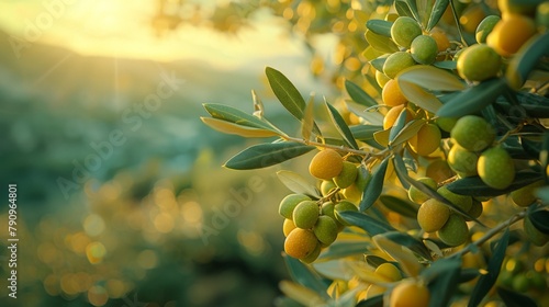 Olives on a tree, blurred background of an olive grove receding into the distance photo