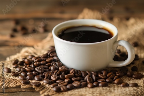 coffee beans and a cup of black coffee on a wooden table, coffee beans and a cup of coffee, coffee background, coffee and beans closeup