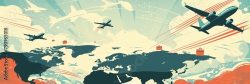 Stylized world map in the background of the banner, with airplanes flying between major cities. Travel concept