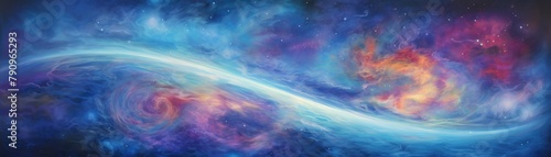 Swirling galaxies rendered in brilliant, iridescent colors, softly lit to reveal a tranquil and serene cosmic landscape