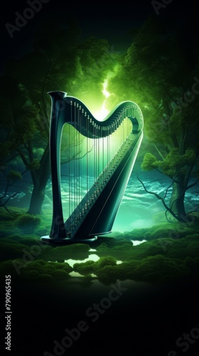 A serene and peaceful scene of a harp player surrounded by nature creating a tranquil melody