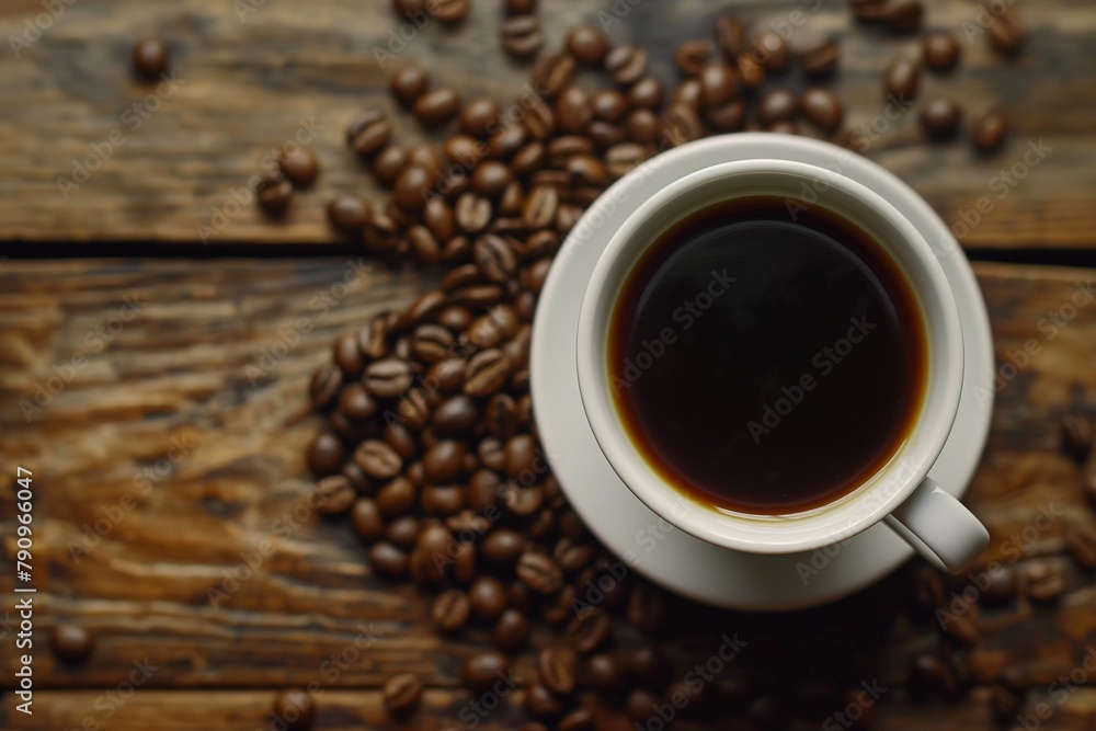 Fototapeta premium coffee beans and a cup of black coffee on a wooden table, coffee beans and a cup of coffee, coffee background, coffee and beans closeup