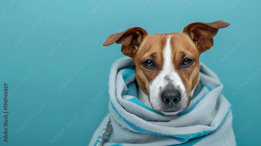 A dog wrapped in a towel on a blue background. The dog is ill.