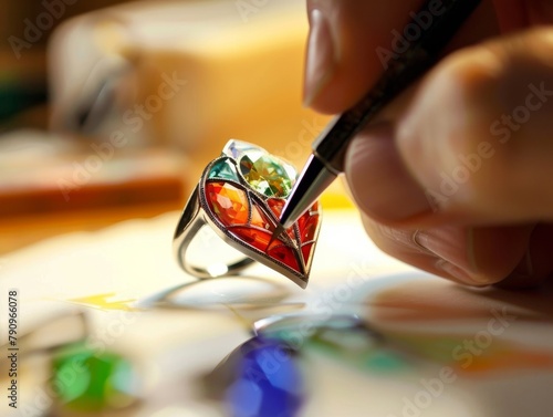 Jewelry craftsman sketching a design for a shiny colorful gem ring merging art with gemology photo