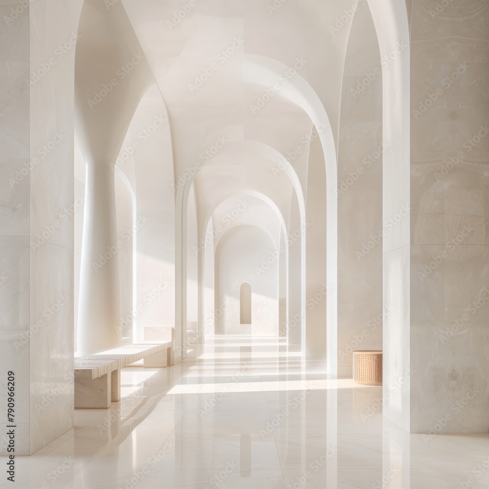 Sanctuary with white marble columns minimalist arches reflecting simplicity and purity