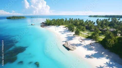 Panoramic aerial view of tropical island with white sand, turquoise ocean and palm trees. © Iman
