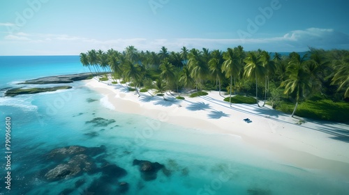 Panoramic aerial view of a beautiful tropical beach with palm trees © Iman