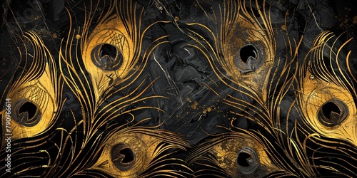 Panel wall art marble background with Art Deco inspired gold and black peacock feather designs © Sara_P