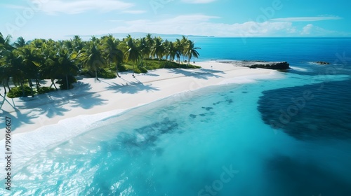 Panoramic aerial view of a tropical beach with palm trees. © Iman