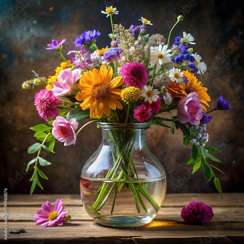 Colorful flowers bouquet in glass vase on dark background
