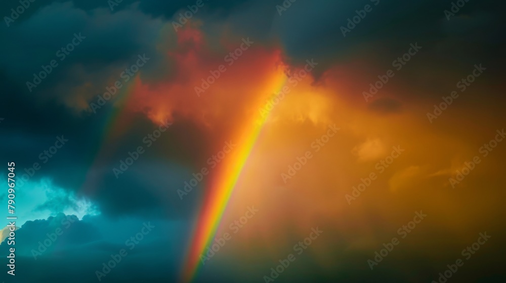 A rainbow emerging from dark storm clouds after a passing thunderstorm, symbolizing hope and beauty amidst the chaos of nature's fury. A rainbow emerging from dark storm clouds after a passing thunderstorm, symbolizing hope and beauty amidst the chaos of nature's fury.