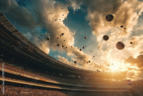 Footballs soaring high over a stadium  Soccer balls against Sky  AI-generated