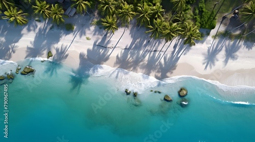 Aerial view of beautiful tropical beach with palm trees and sand. © Iman