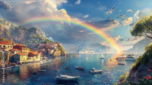 A rainbow forming a perfect semicircle over a picturesque coastal village, with colorful boats bobbing in the harbor and seagulls circling overhead. photo