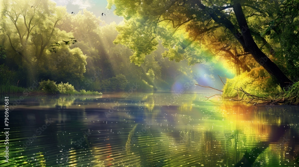Fototapeta premium A rainbow reflected in the calm waters of a tranquil river, with lush green trees lining its banks and birds nesting in the branches above.