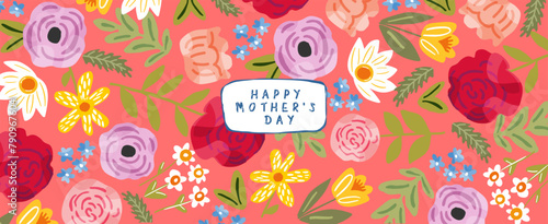 Happy Mother's Day. Vector gouache modern cute floral illustration of peony flower, rose, plant, bouquet, pattern, leaf, for greeting card, coral background, invitation or banner