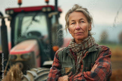 Proud attractive an woman farmer standing in front of agricultural machinery