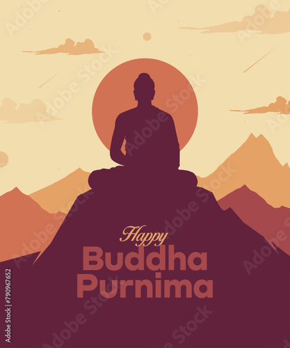 Happy Vesak Day, Buddha Purnima wishes greetings with a buddha minimal vector illustration. Can be used for posters, banners, greetings, and print design