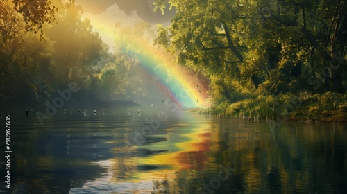 A rainbow reflected in the calm waters of a tranquil river  with lush green trees lining its banks and birds nesting in the branches above.