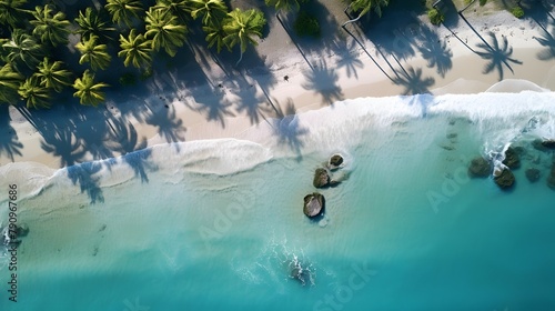 Aerial view of beautiful tropical beach with palm trees and sand. Panorama