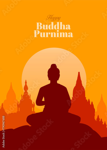 Happy Vesak Day, Buddha Purnima wishes greetings with a buddha minimal vector illustration. Can be used for posters, banners, greetings, and print design