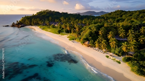 Aerial view of beautiful tropical beach with palm trees at sunset.