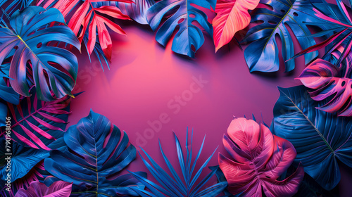 Layout creativo di colore fluorescente fatto di foglie tropicali. foglie  con contrasto e colori al neon. Concetto di natura  carta da parati moderna  pattern di foglie tropicali  giungla