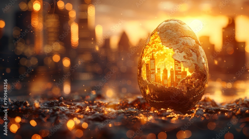 Fototapeta premium A golden egg with a cityscape glowing from within, nestled in a dark environment with a festive atmosphere, suggests wealth and opportunity.