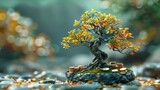 An artistic depiction of a bonsai tree surrounded by scattered coins on a tranquil rock garden, symbolizing financial growth and stability.