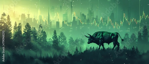 Silhouette of a bull overlaid on a cityscape background with glowing financial indicators, symbolizing market growth.