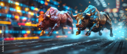 Digital art concept of a charging bull and bear with a dynamic backdrop of stock market charts  symbolizing market volatility and energy.