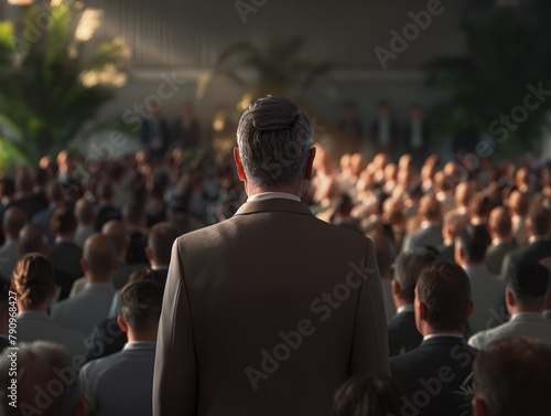 A man stands in front of a crowd of people. The man is wearing a suit and tie. The crowd is made up of people of all ages