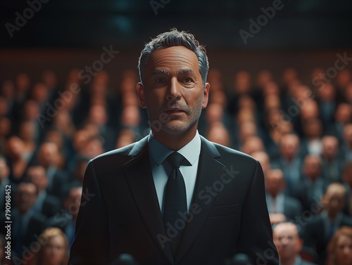 A man in a suit stands in front of a crowd of people. He is wearing a tie and he is in a position of authority. Concept of formality and importance photo