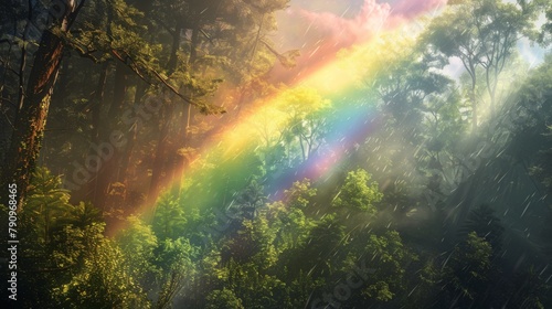 A rainbow stretching across a misty forest canopy  with sunlight filtering through the trees and creating a magical ambiance in the woodland.