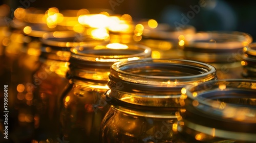 Close-up of clear glass jars under the enchanting glow of sunset, showcasing a play of light and shadows ideal for themes of natural beauty and simplicity in storage © JP STUDIO LAB