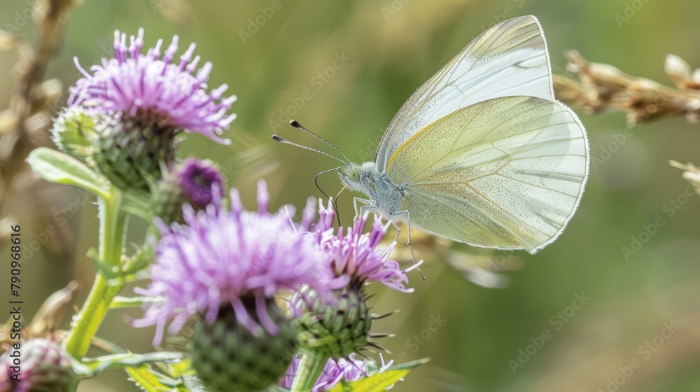 In this close-up macro view, see a butterfly engaging in pollination on a cluster of wildflowers, where the stark purples and greens frame the critical ecological interaction beautifully In this close-up macro view, see a butterfly engaging in pollination on a cluster of wildflowers, where the stark purples and greens frame the critical ecological interaction beautifully