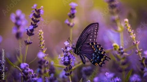Intense macro shot of a butterfly on wildflowers, the vibrant purples and greens of the flora contrast sharply with the butterfly's gentle motion, focusing on the essential role of pollinators