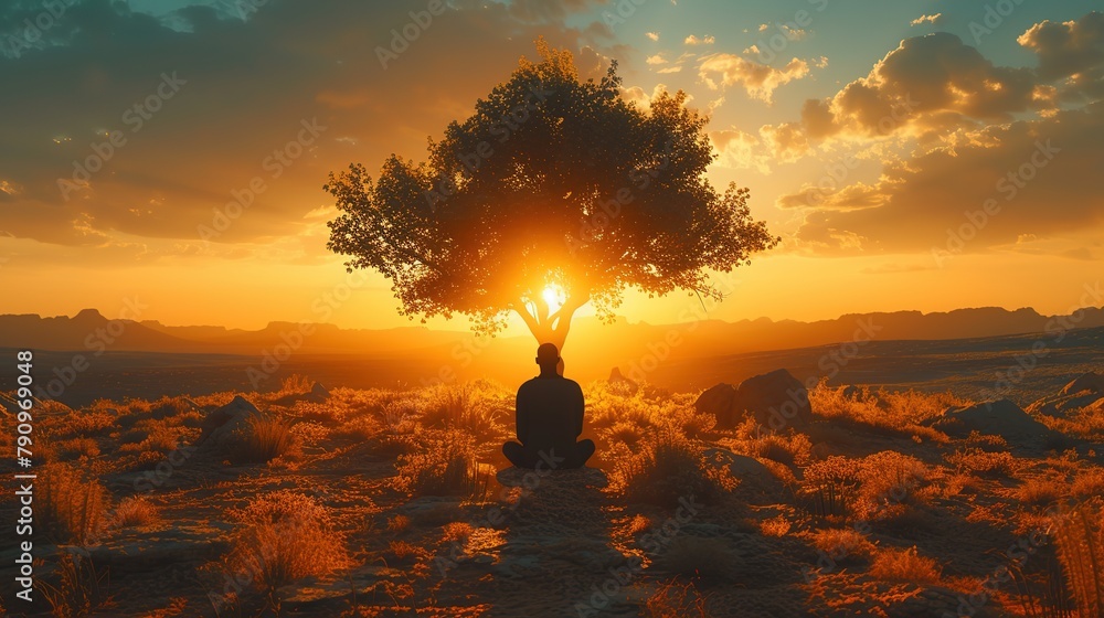 Man meditating in the desert with a tree.