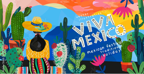 Viva Mexico. Vector cute abstract illustration of Mexican nature,  Woman in sombrero hat, cactus for Cinco de Mayo holiday greeting card, banner or background
